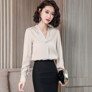 衬衣女丝绸v领丝光缎面纯色真丝桑蚕丝套头无扣气质显瘦长袖衬衫