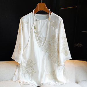复古中国风白色天丝衬衫女设计感小众改良斜襟盘扣刺绣新中式上衣