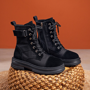 小个子黑色马丁靴女2022夏季透气薄款真皮帆布短靴内增高春秋单靴