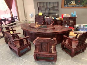 3.2米中式红木茶桌椅组合南美酸枝雕花会客茶几实木扇形茶台茶桌