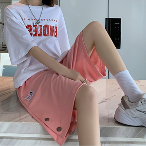到膝盖短裤中长款女5分运动排扣设计感粉色中裤女半腿大裤衩子薄