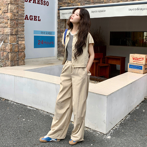 卡其色工装休闲套装女2024年初夏新款韩版学院风上衣阔腿裤两件套