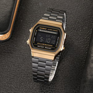 casio卡西欧小金表炫酷反显黑金钢带防水情侣手表男女a168wegb-1b