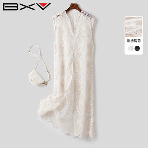 BXV刺绣镂空蕾丝罩衫女中长款2024夏季新款背心裙复古无袖连衣裙