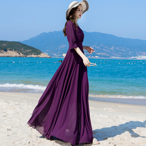夏季克莱因蓝雪纺连衣裙女长款到脚踝2024新款沙滩超长紫色大摆裙