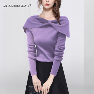 时髦洋气法式蝴蝶结一字肩针织衫女23秋季新款毛衣打底衫紫色上衣