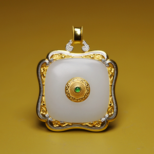 赢玉清 原创18k金镶嵌和田玉方牌吊坠白玉籽料包镶玉牌挂件女苏工