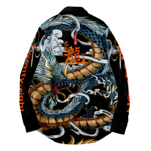 新款新年快横财就手招财萌虎男女款中国风国潮潮牌长袖宽松衬衫