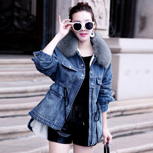 加绒牛仔外套女冬季新款韩版宽松毛领加厚中长款拼接羊羔毛棉服女