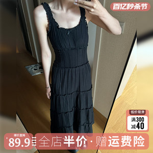 赫本风茶歇法式黑色吊带连衣裙子女夏季2024新款修身显瘦蛋糕长裙