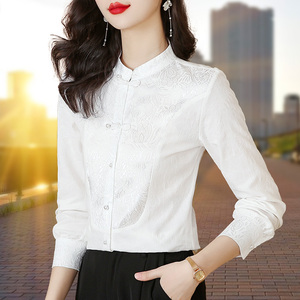 国风气质白色衬衫女长袖新中式上衣2024春装新款修身显瘦立领衬衣