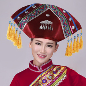 新款少数民族头饰女演出服帽子壮族头饰品苗族侗族帽子酒红色红色