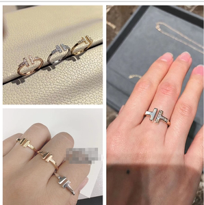 tiffany/蒂芙尼戒指t系列18k玫瑰金白贝母镶钻无钻开口双t男女对