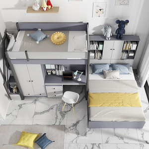 多功能儿童房组合上下床分体式错位型三人床双层高低床带书桌衣柜