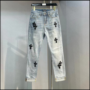 chrome hearts克罗心十字贴皮夏季薄款浅色直筒小脚休闲牛仔长裤