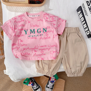 儿童印花短袖套装小童可爱韩版粉色T恤短袖男宝满印套装小童短袖