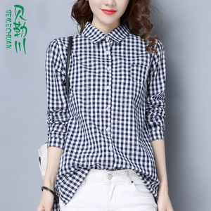 17春季韩版女装衬衣黑白格子衬衫女长袖上衣春衫修身纯棉学生开衫