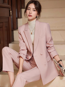 粉色西服套装女秋冬新款时尚高级感职业装正装中长款休闲西装外套