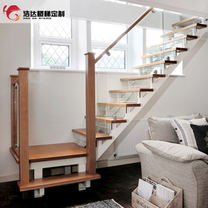 浩达玻璃实木大柱楼梯定制室内阁楼复式钢木定做实木踏步栏杆loft