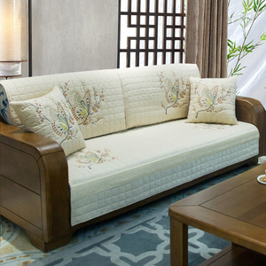 实木沙发垫套四季通用带靠背老式木头新中式罩巾123组合米色坐垫