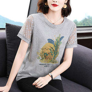 夏季新款蕾丝袖纯绵t恤女短袖中年妈妈装洋气百搭气质半袖上衣