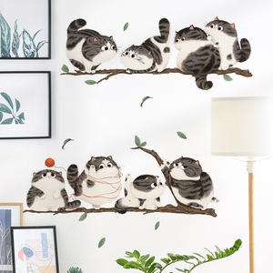 卡通可爱猫咪枝头个性小贴纸防水自粘墙贴画儿童房卧室寝室墙壁纸