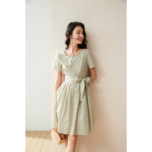 亲和素 英国伦敦liberty碎花系列 圆领收腰大伞摆连衣裙 n8162