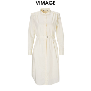 VIMAGE纬漫纪挺括收腰衬衫式连衣裙春季新款纯色立领气质时尚