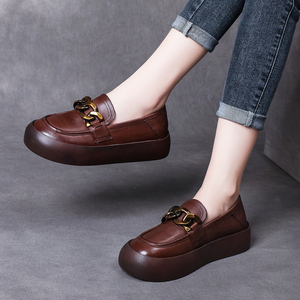 真皮小皮鞋女2021年新款厚底平底乐福鞋春秋复古宽头全牛皮小单鞋