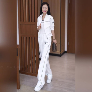 春季女装韩系时尚炸街高级感白色休闲运动拉链卫衣直筒裤两件套装