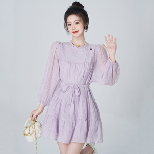 美丽衣橱紫色连衣裙秋装女2023年新款小个子短款收腰显瘦公主裙子