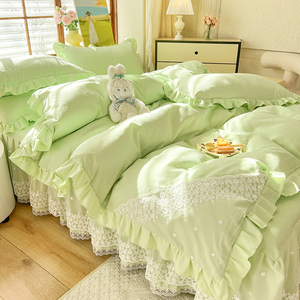 绿色韩式公主风水洗棉床上四件套少女心春夏季被套床单非全棉纯棉