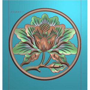 精雕图灰度浮雕电脑雕刻圆形边框牡丹花餐椅靠背椅子镂空牡丹背板