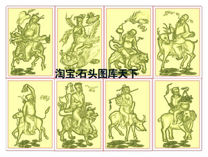 单个八仙骑兽坐骑八仙过海古代道教人物神话故事精雕图浮雕灰度图