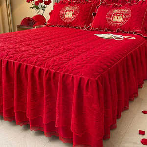 大红色夹棉床裙三件套结婚婚庆床单单件婚房裙边床罩床垫保护套喜