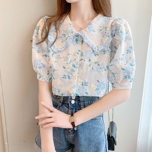 娃娃领碎花雪纺衬衫女夏装2021年新款设计感上衣女士短袖薄款衬衣