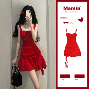 法式小红裙多巴胺高级感不规则红色吊带连衣裙子夏季女收腰蛋糕裙