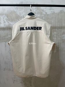 jil sander极简约主义后背字母logo印花亚麻棉工装短袖衬衫衬衣