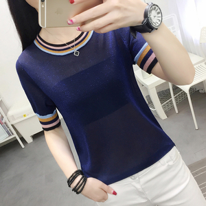 冰丝t恤女夏薄款短袖女装2022年新款百搭亮丝针织体恤衫微透上衣