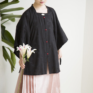 春下汉服竹静蝉鸣夏款明制女士方领对襟半袖暗纹宽松薄款现货