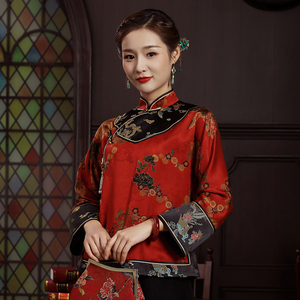 华族经典花罗香云纱唐装女装中国风妈妈红色中式复古盘扣旗袍上衣