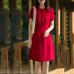 2024年红色新款喜庆礼服裙子收腰显瘦雪纺舒适短袖韩版连衣裙女