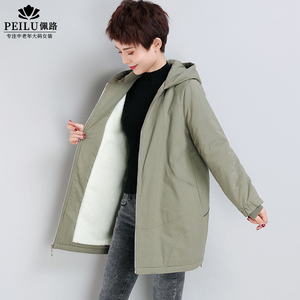 秋冬加绒外套女连帽宽松中老年妈妈冬装棉衣中长款加厚带绒风衣女