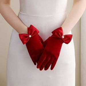 新娘手套红色酒红色结婚婚庆婚礼婚纱短款丝绒大码旗袍秀禾礼服