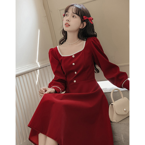 红色连衣裙女2023秋季新款赫本小红裙气质法式礼服红裙子平时可穿