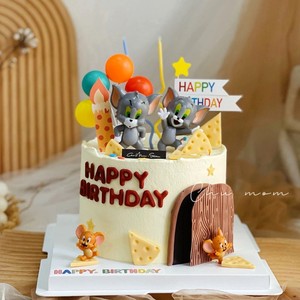 ins网红蛋糕装饰奶酪小蛋糕猫和老鼠摆件汤姆猫生日快乐插牌插件