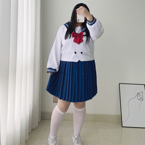 大码胖mm200斤清纯白三本jk制服套装水兵月少女海军领两件套长袖