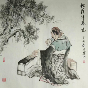 九牧墨轩国画人物画斗方名人字画名家真迹抚琴图听琴图手绘挂画