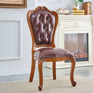 美式餐椅家用实木软包真皮靠背轻奢高端酒店舒适餐厅复古欧式椅子