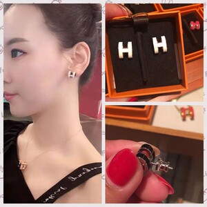 hermes/爱马仕 21新款h字母 logo 珐琅pop玫女士耳钉环